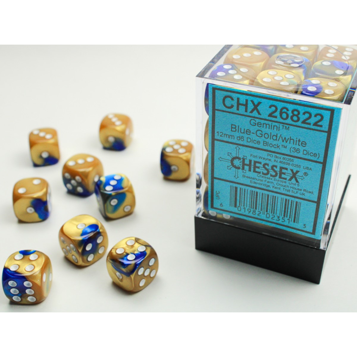 Chessex – Gemini 12mm d6 (36 Dice) Blue-Gold/white