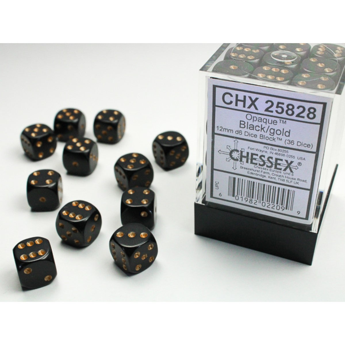 Chessex – Opaque 12mm d6 (36 Dice) Black/gold