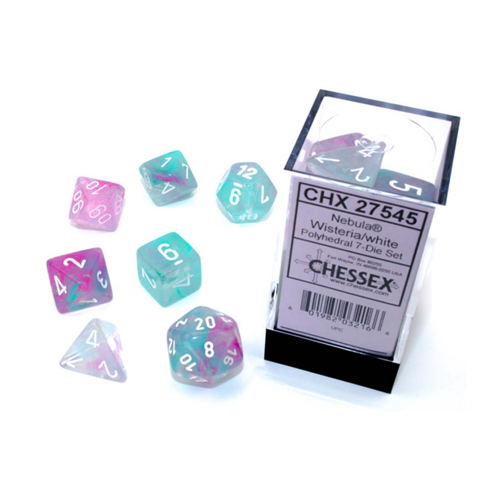 Chessex – Nebula Wisteria/white Luminary dice set