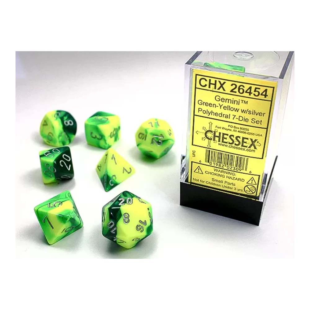 Chessex – Gemini Green-Yellow w/Silver Classic Polyhedral