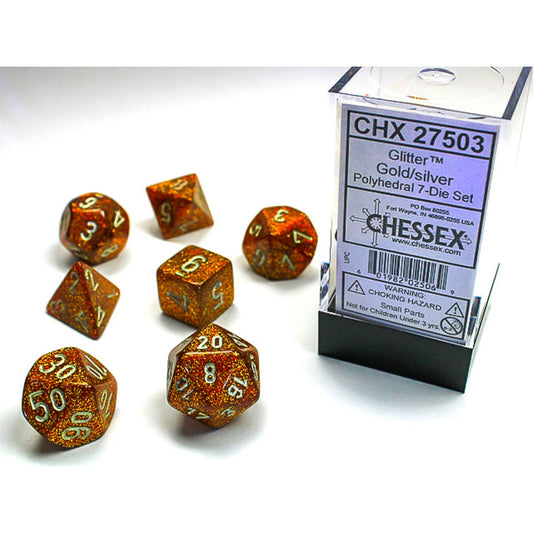 Chessex – Glitter Gold w/silver Classic Polyhedral