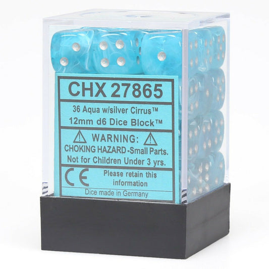 Chessex – Cirrus 12mm d6 Aqua/silver Dice Block (36 dice)