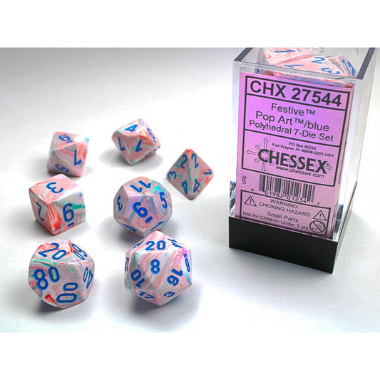 Chessex – Festive Pop Art w/blue Signature Polyhed