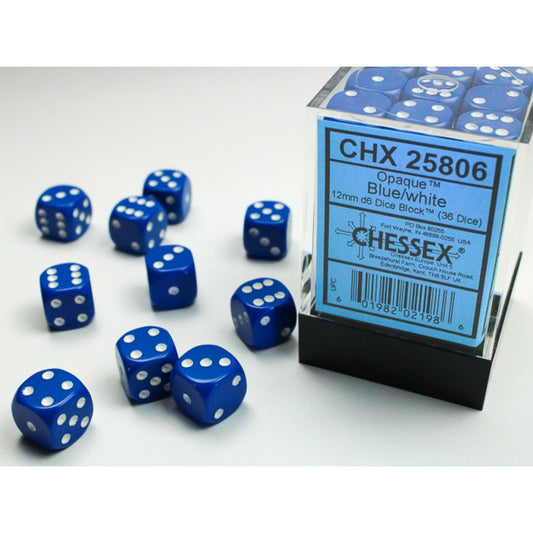 Chessex – Opaque 12mm d6 (36 Dice) Blue/white