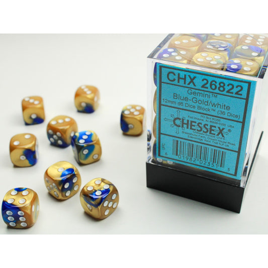 Chessex – Gemini 12mm d6 (36 Dice) Blue-Gold/white