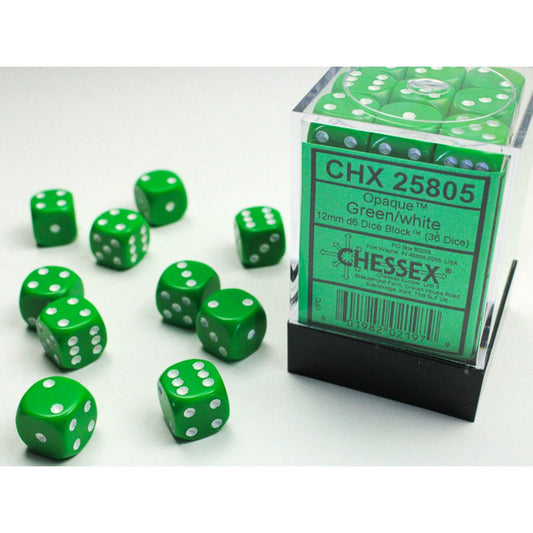 Chessex – Opaque 12mm d6 (36 Dice) Green/white
