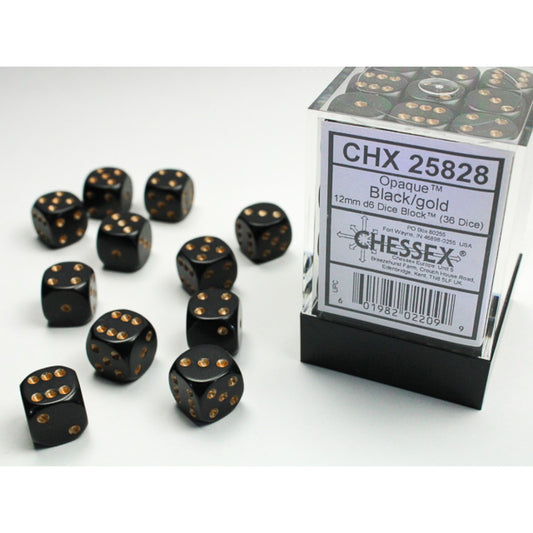 Chessex – Opaque 12mm d6 (36 Dice) Black/gold