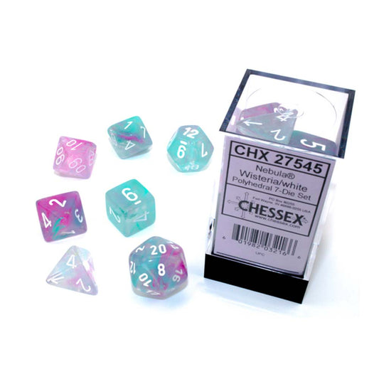Chessex – Nebula Wisteria/white Luminary dice set