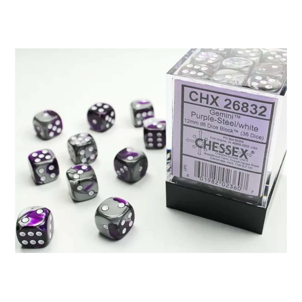 Chessex – Gemini 12mm d6 (36 Dice) Purple-Steel/White