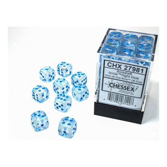 Chessex – Borealis 12mm d6 Icicle /light blue Luminary Dice Block (36 dice)