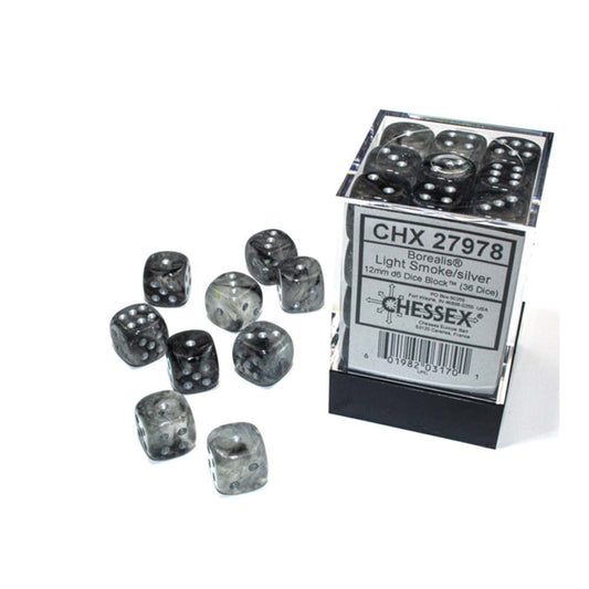 Chessex – Borealis 12mm d6 Light Smoke/silver Luminary Dice Block (36 dice)