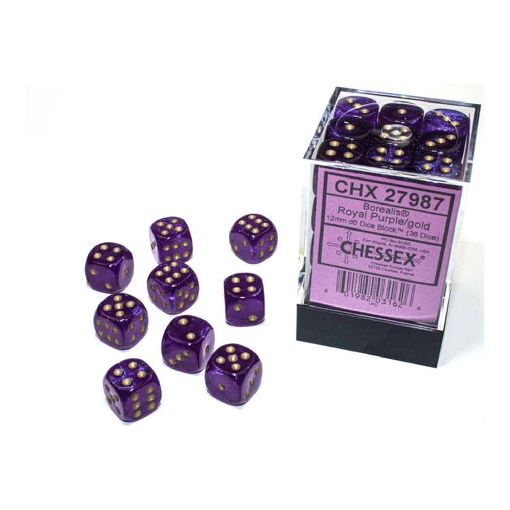 Chessex – Borealis 12mm d6 Royal Purple/gold Luminary Dice Block (36 dice)