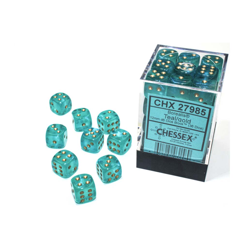 Chessex – Borealis 12mm d6 Teal/gold Luminary Dice Block (36 dice)